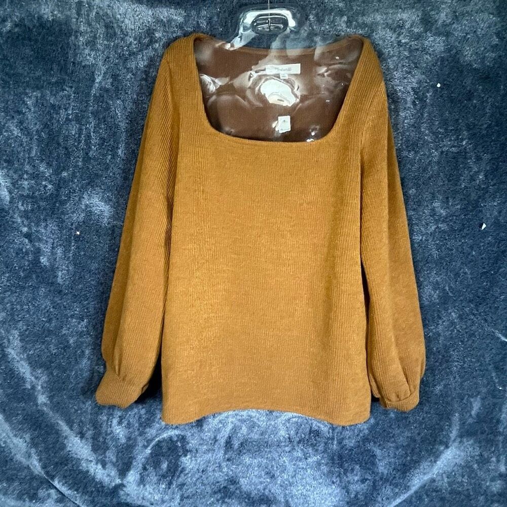 Madewell Ottoman Rib Square Neck Sweater Top Small Brown Dried Cedar Puff Sleeve
